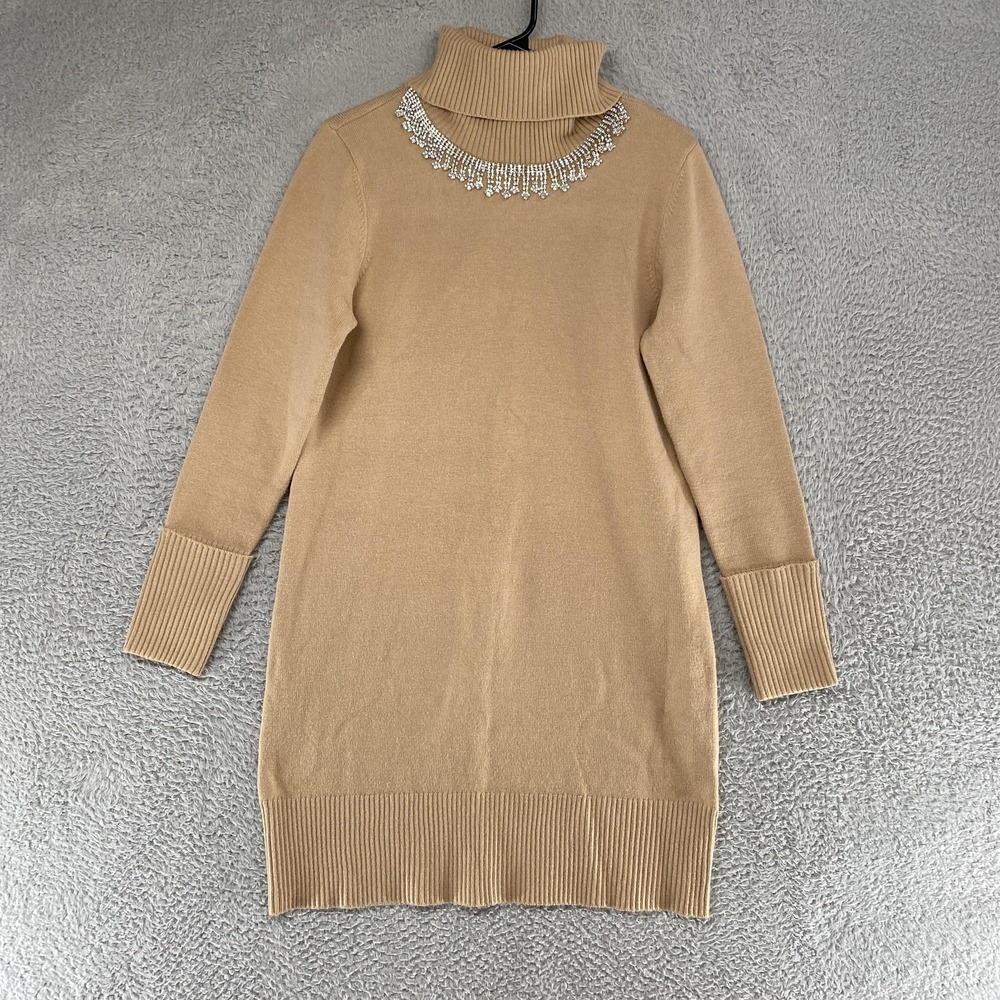 Boston Proper Sweater Dress Womens Medium Beige Turtleneck Rhinestone Neckline